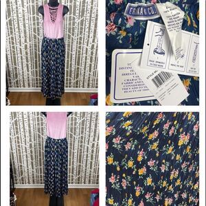 NEW Boho Navy Blue Floral Print Broomstick Maxi Skirt sz M